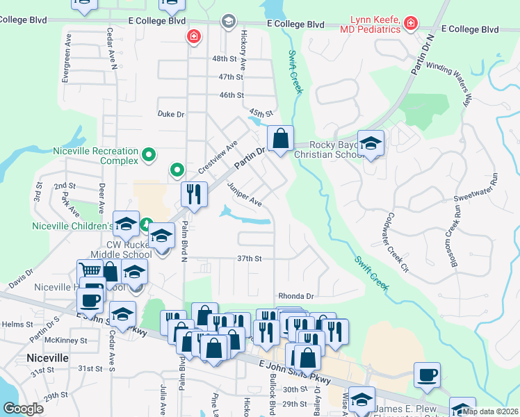 map of restaurants, bars, coffee shops, grocery stores, and more near 1087 Forest Lake Terrace in Niceville