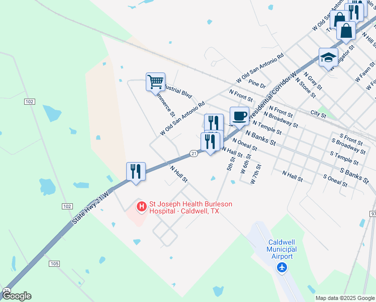 map of restaurants, bars, coffee shops, grocery stores, and more near 1608 Texas 21 in Caldwell