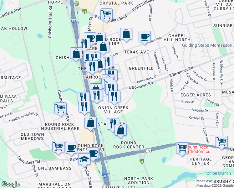 map of restaurants, bars, coffee shops, grocery stores, and more near 1713 North Mays Street in Round Rock