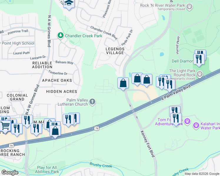 map of restaurants, bars, coffee shops, grocery stores, and more near 2800 Joe Dimaggio Boulevard in Round Rock