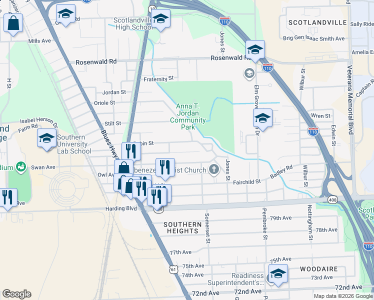 map of restaurants, bars, coffee shops, grocery stores, and more near 1639 Sora Street in Baton Rouge