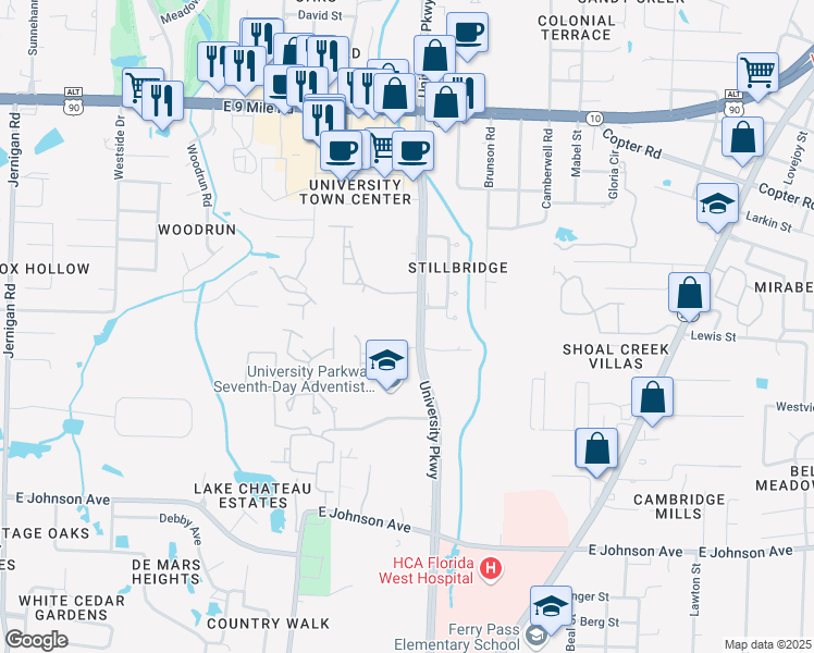map of restaurants, bars, coffee shops, grocery stores, and more near 8991 University Parkway in Pensacola
