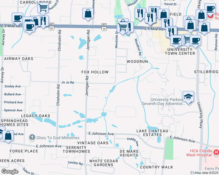 map of restaurants, bars, coffee shops, grocery stores, and more near 8650 Jernigan Road in Pensacola