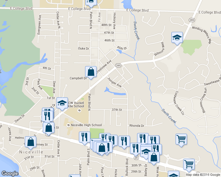 map of restaurants, bars, coffee shops, grocery stores, and more near 1094 Forest Lake Terrace in Niceville