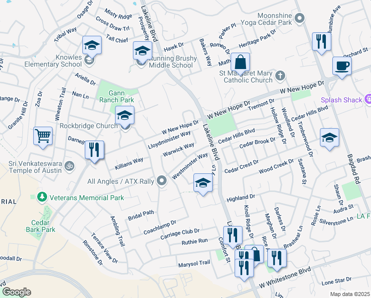 map of restaurants, bars, coffee shops, grocery stores, and more near 1804 Castleguard Way in Cedar Park