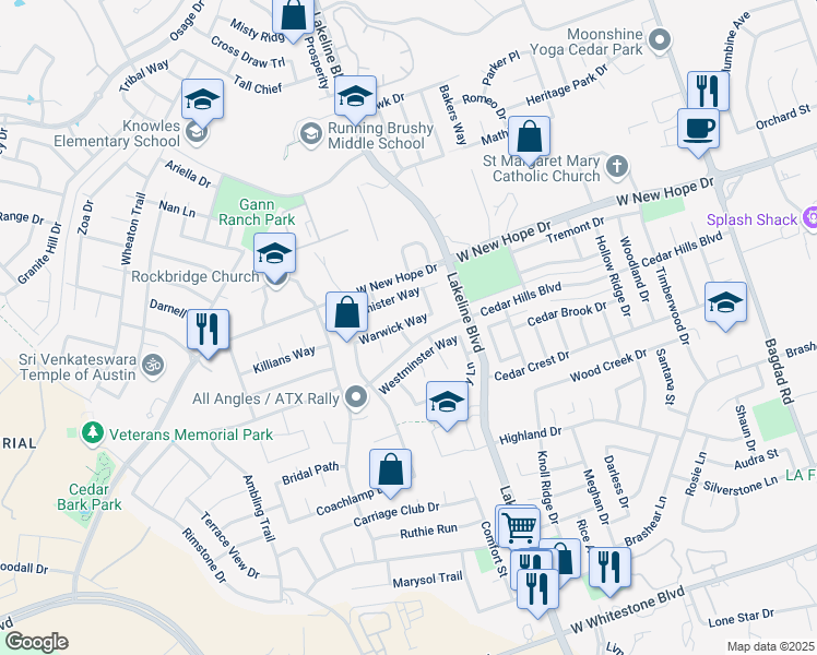 map of restaurants, bars, coffee shops, grocery stores, and more near 1804 Castleguard Way in Cedar Park