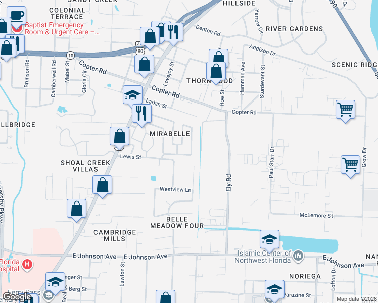 map of restaurants, bars, coffee shops, grocery stores, and more near 188 Mirabelle Circle in Pensacola