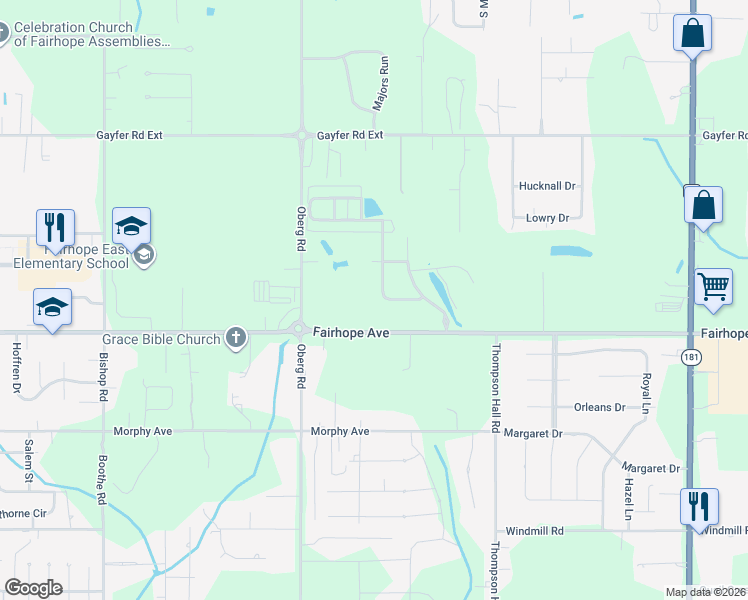 map of restaurants, bars, coffee shops, grocery stores, and more near Swaying Willow Ave in Fairhope