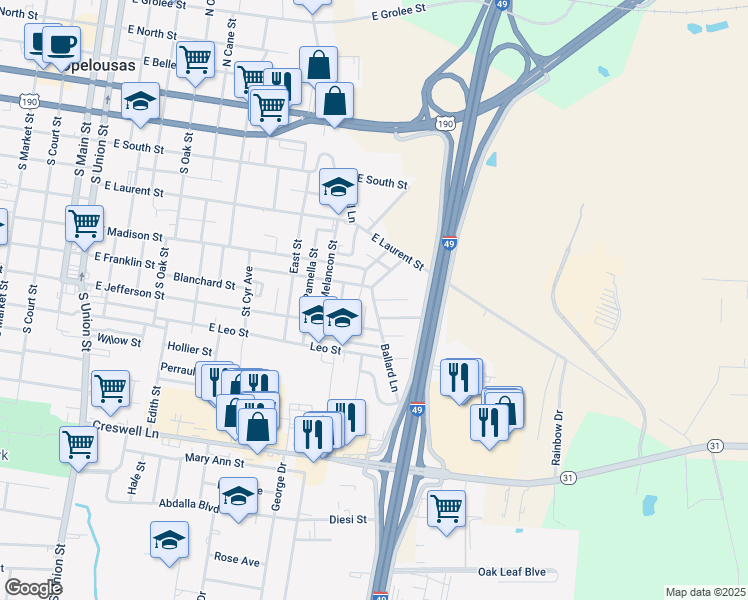 map of restaurants, bars, coffee shops, grocery stores, and more near 1401 Janis Street in Opelousas