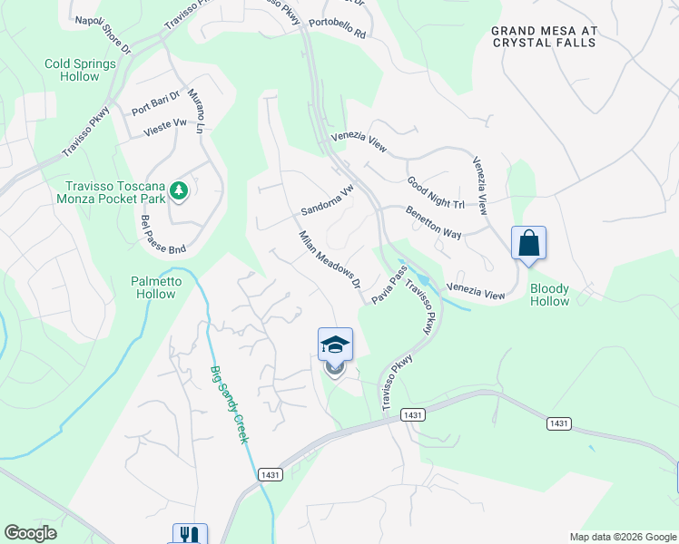 map of restaurants, bars, coffee shops, grocery stores, and more near 2533 Milan Meadows Drive in Leander