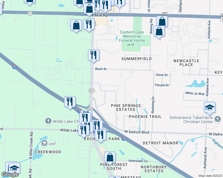 map of restaurants, bars, coffee shops, grocery stores, and more near 8684 Sharon Lane in Pensacola