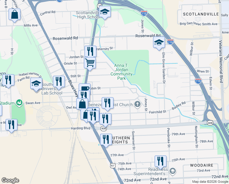 map of restaurants, bars, coffee shops, grocery stores, and more near 1639 Sora Street in Baton Rouge