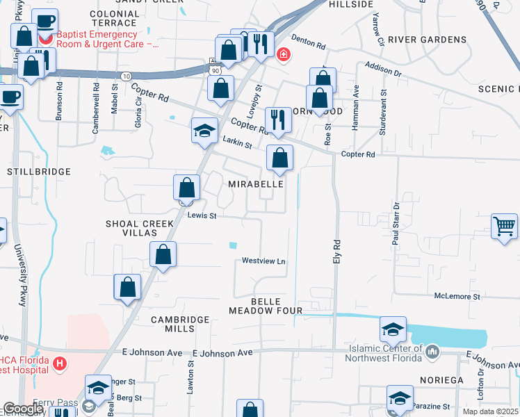 map of restaurants, bars, coffee shops, grocery stores, and more near 166 Mirabelle Circle in Pensacola