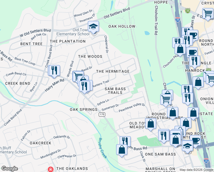 map of restaurants, bars, coffee shops, grocery stores, and more near 1702 Hollow Tree Boulevard in Round Rock