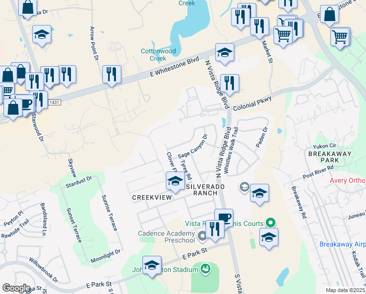 map of restaurants, bars, coffee shops, grocery stores, and more near 2114 Old Sterling Road in Cedar Park