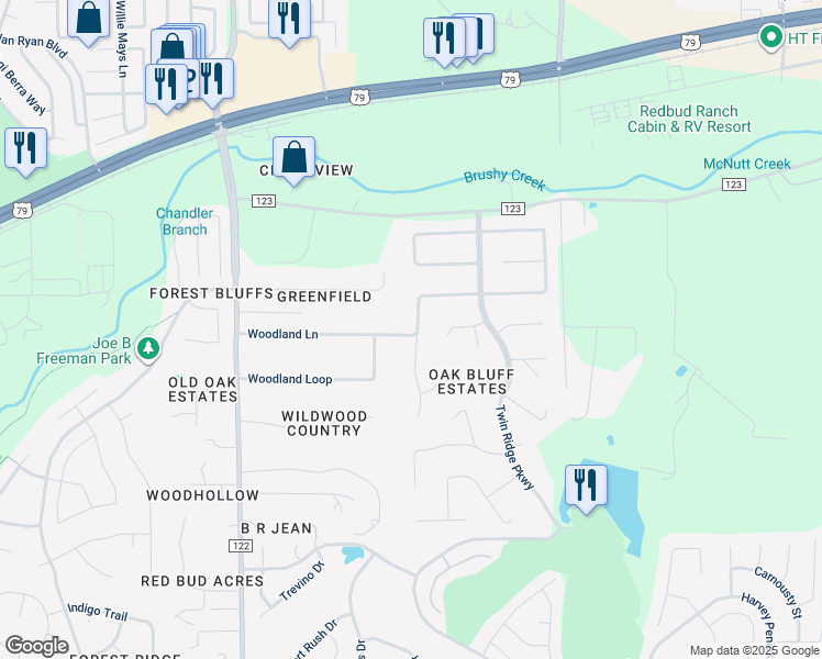 map of restaurants, bars, coffee shops, grocery stores, and more near 22 Meandering Way in Round Rock