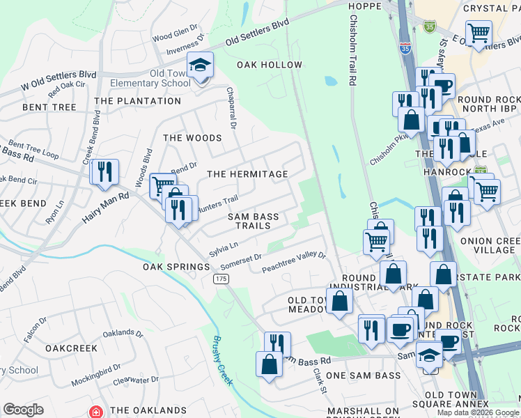 map of restaurants, bars, coffee shops, grocery stores, and more near 1509 Hollow Tree Blvd in Round Rock