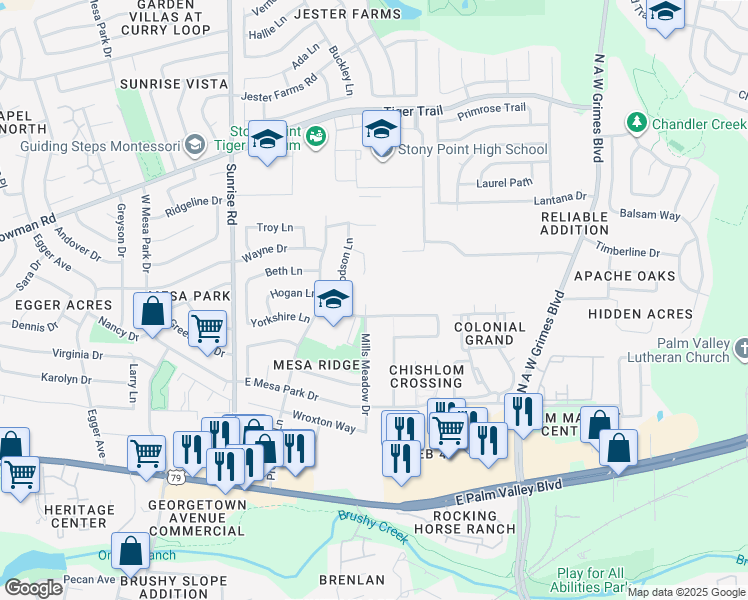 map of restaurants, bars, coffee shops, grocery stores, and more near 1607 Mills Meadow Drive in Round Rock