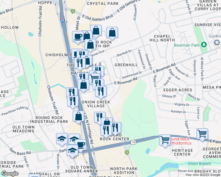 map of restaurants, bars, coffee shops, grocery stores, and more near 101 East Bowman Road in Round Rock