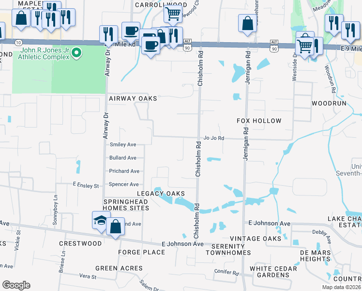 map of restaurants, bars, coffee shops, grocery stores, and more near 8825 Chisholm Road in Pensacola
