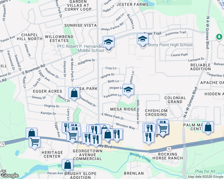 map of restaurants, bars, coffee shops, grocery stores, and more near 1606 Madera Lane in Round Rock