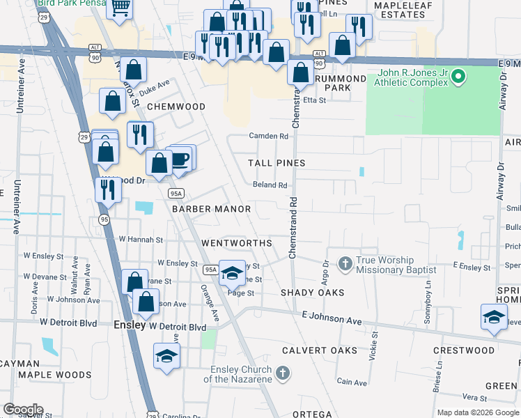 map of restaurants, bars, coffee shops, grocery stores, and more near 8700 Chemstrand Road in Pensacola