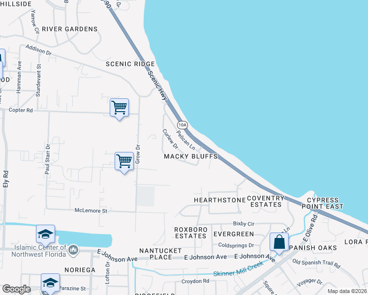 map of restaurants, bars, coffee shops, grocery stores, and more near 4078 Curlew Drive in Pensacola