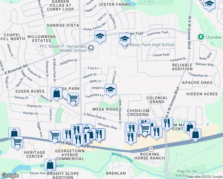 map of restaurants, bars, coffee shops, grocery stores, and more near 1702 Goodson Lane in Round Rock
