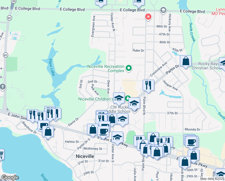map of restaurants, bars, coffee shops, grocery stores, and more near 314 Cedar Avenue North in Niceville