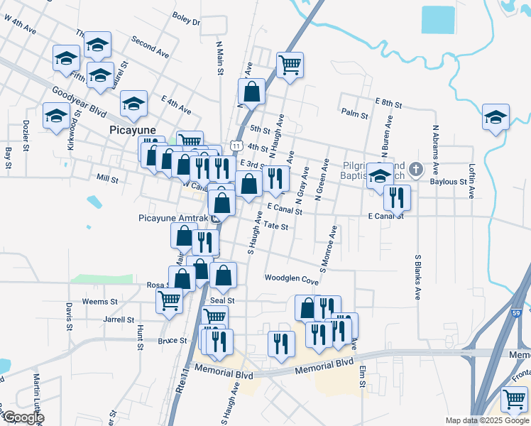 map of restaurants, bars, coffee shops, grocery stores, and more near 310 East Canal Street in Picayune