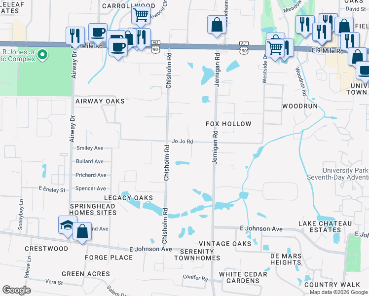 map of restaurants, bars, coffee shops, grocery stores, and more near 1135 Jojo Road in Pensacola