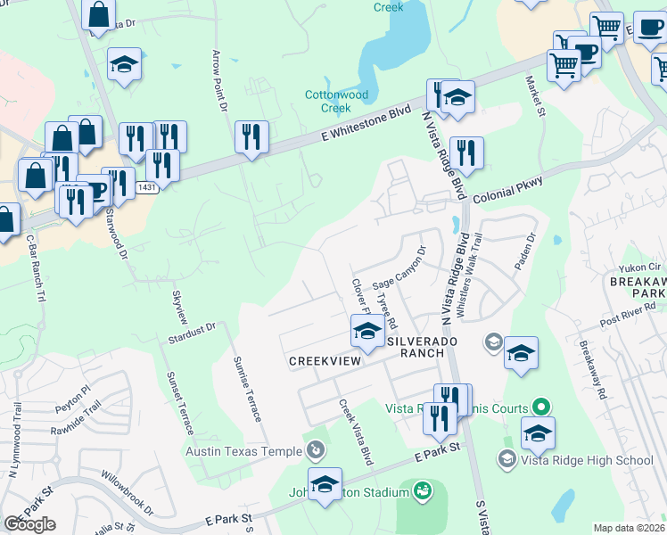 map of restaurants, bars, coffee shops, grocery stores, and more near 615 Glacial Stream Lane in Cedar Park