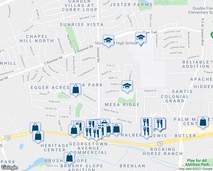 map of restaurants, bars, coffee shops, grocery stores, and more near 1606 Madera Lane in Round Rock