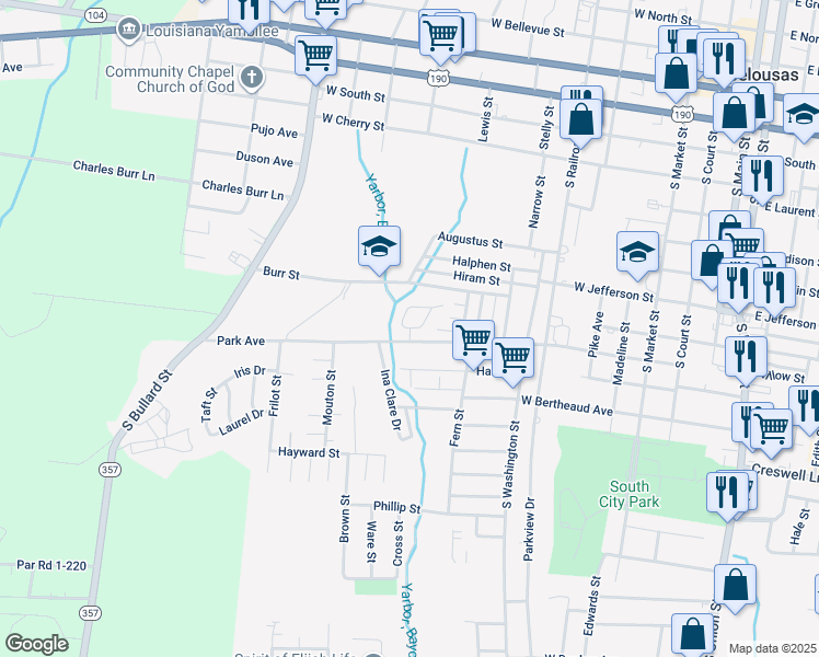map of restaurants, bars, coffee shops, grocery stores, and more near 801 Park Circle in Opelousas
