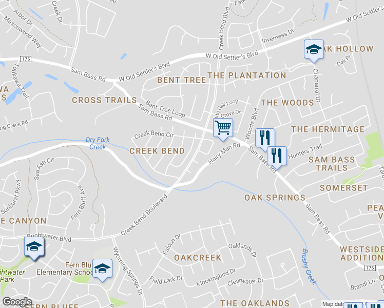 map of restaurants, bars, coffee shops, grocery stores, and more near 1723 Ryon Ln in Round Rock