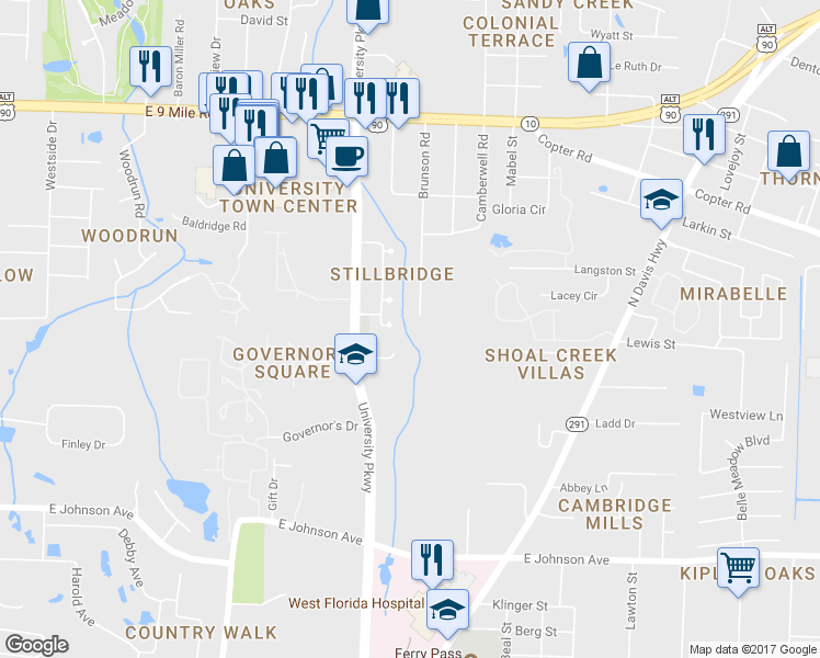 map of restaurants, bars, coffee shops, grocery stores, and more near 8925 Brunson Road in Pensacola