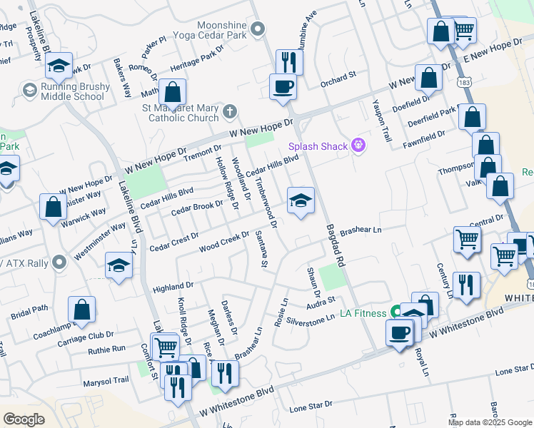 map of restaurants, bars, coffee shops, grocery stores, and more near 1000 Cedar Crest Drive in Cedar Park