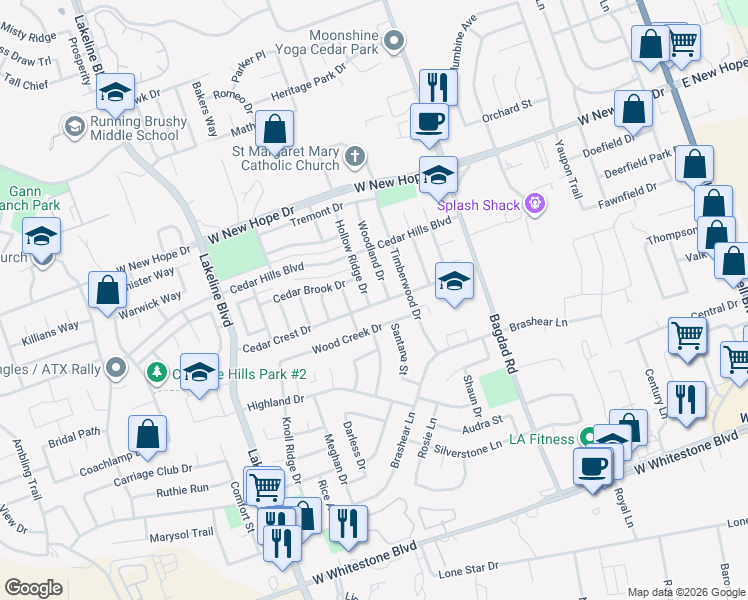 map of restaurants, bars, coffee shops, grocery stores, and more near 1700 Hollow Ridge Dr in Cedar Park