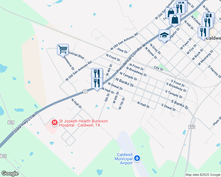 map of restaurants, bars, coffee shops, grocery stores, and more near 604 North Hall Street in Caldwell