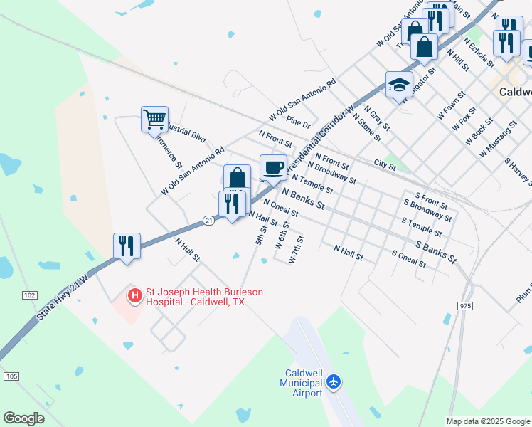 map of restaurants, bars, coffee shops, grocery stores, and more near 604 North Hall Street in Caldwell