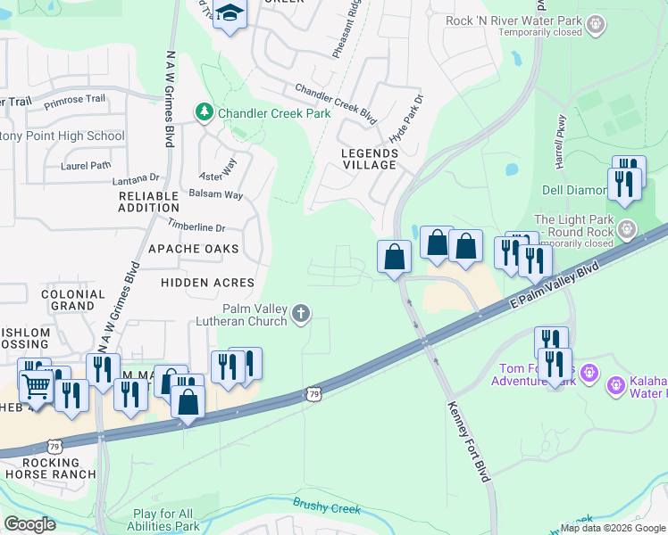 map of restaurants, bars, coffee shops, grocery stores, and more near 2800 Joe Dimaggio Boulevard in Round Rock