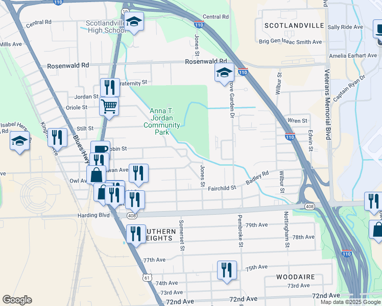 map of restaurants, bars, coffee shops, grocery stores, and more near 8550 Sora Street in Baton Rouge