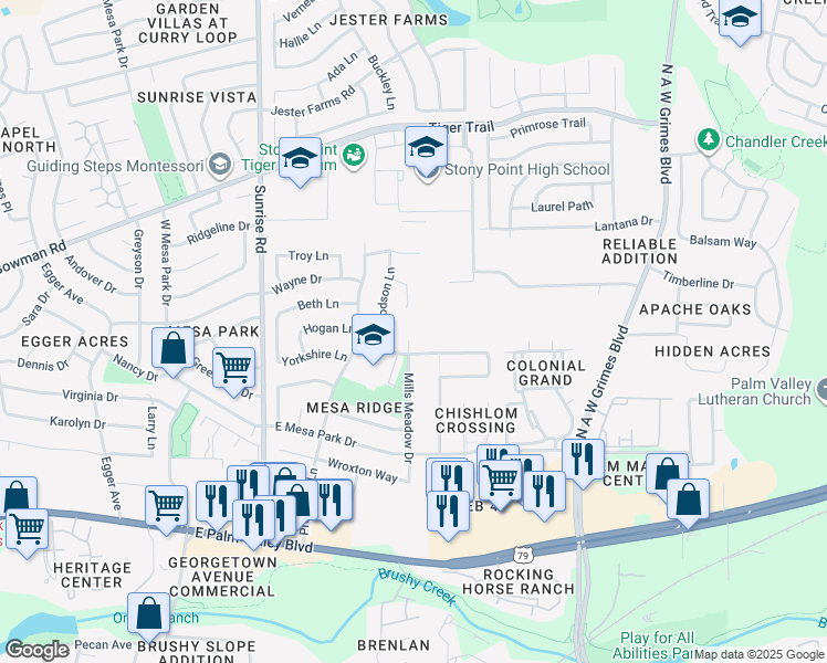 map of restaurants, bars, coffee shops, grocery stores, and more near 1607 Mills Meadow Drive in Round Rock