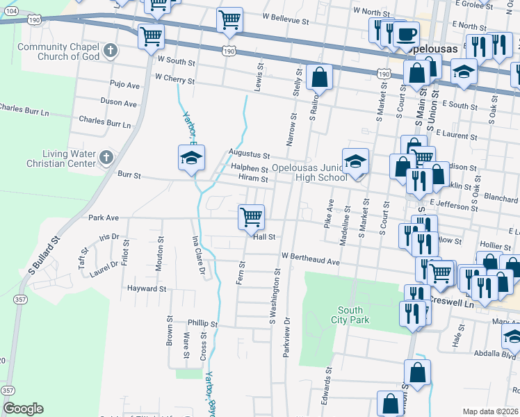 map of restaurants, bars, coffee shops, grocery stores, and more near 900-1098 Freeman Street in Opelousas