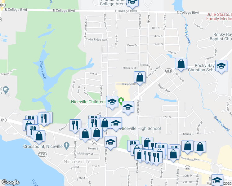 map of restaurants, bars, coffee shops, grocery stores, and more near 115 Elderberry Ln in Niceville