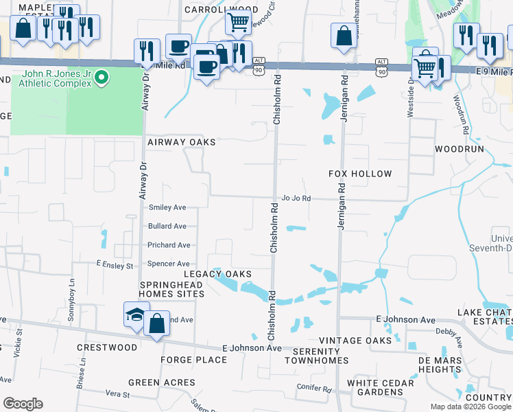 map of restaurants, bars, coffee shops, grocery stores, and more near 8825 Chisholm Road in Pensacola