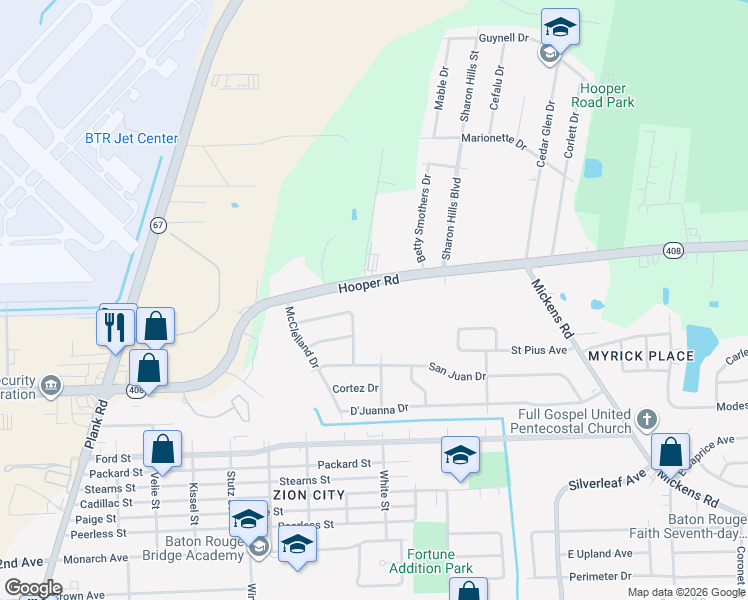 map of restaurants, bars, coffee shops, grocery stores, and more near 5592 Hooper Road in Baton Rouge