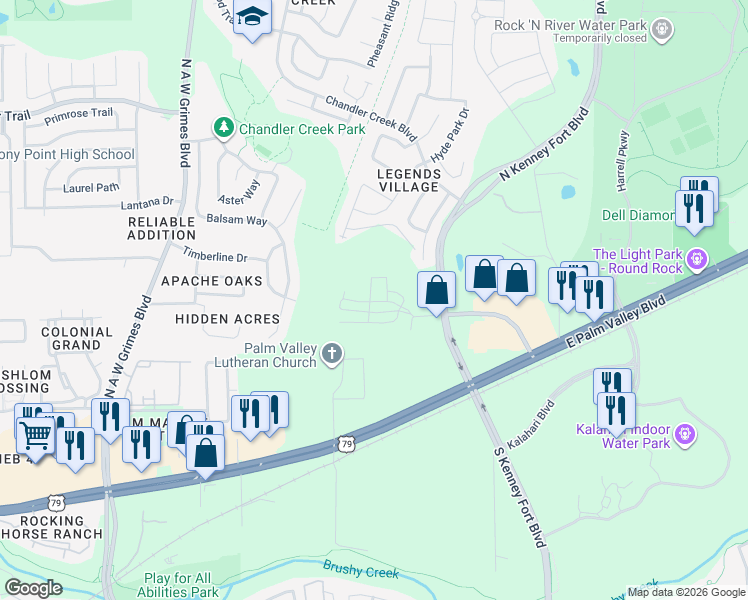 map of restaurants, bars, coffee shops, grocery stores, and more near 2800 Joe Dimaggio Boulevard in Round Rock
