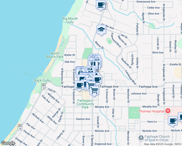 map of restaurants, bars, coffee shops, grocery stores, and more near 61 U.S. 98 Alternate in Fairhope