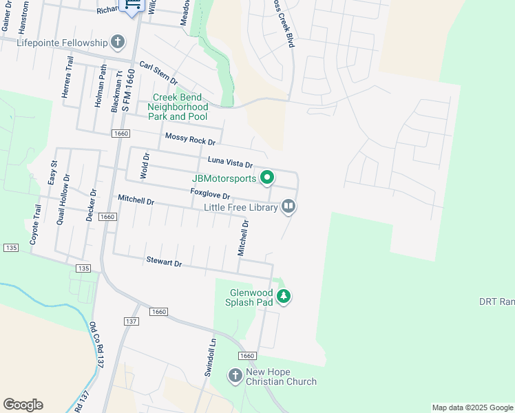 map of restaurants, bars, coffee shops, grocery stores, and more near 418 Foxglove Drive in Hutto